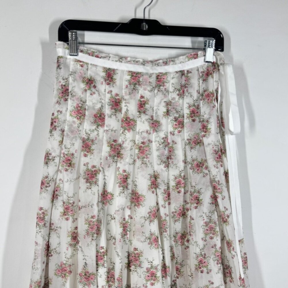 Frime White Floral Pleated Midi Skirt Size L Romantic Cottagecore Flowy Vintage - Picture 3 of 13
